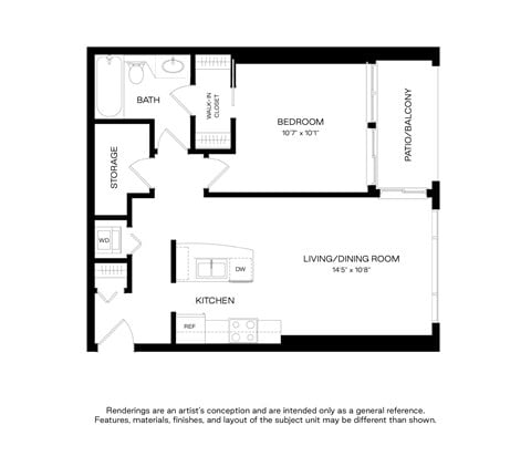 Floor plan for 1 bed, 1 bath, 616 sqft